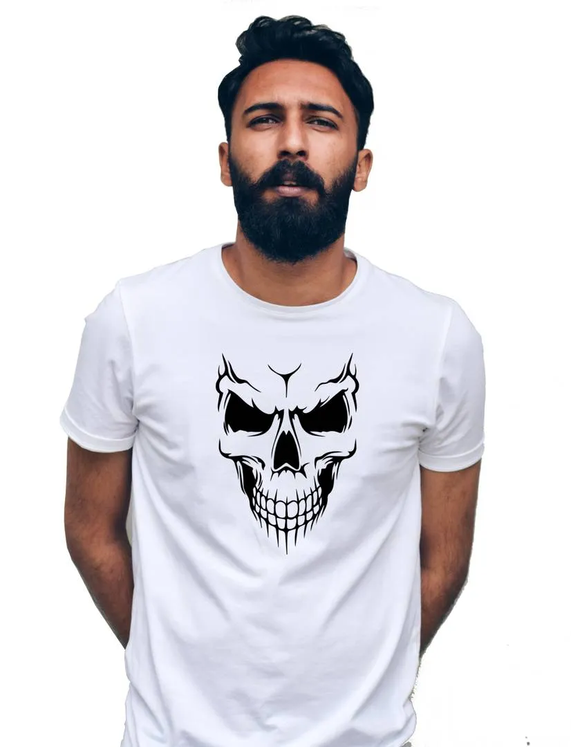 Men's White Printed Cotton Blend Round Neck Tees