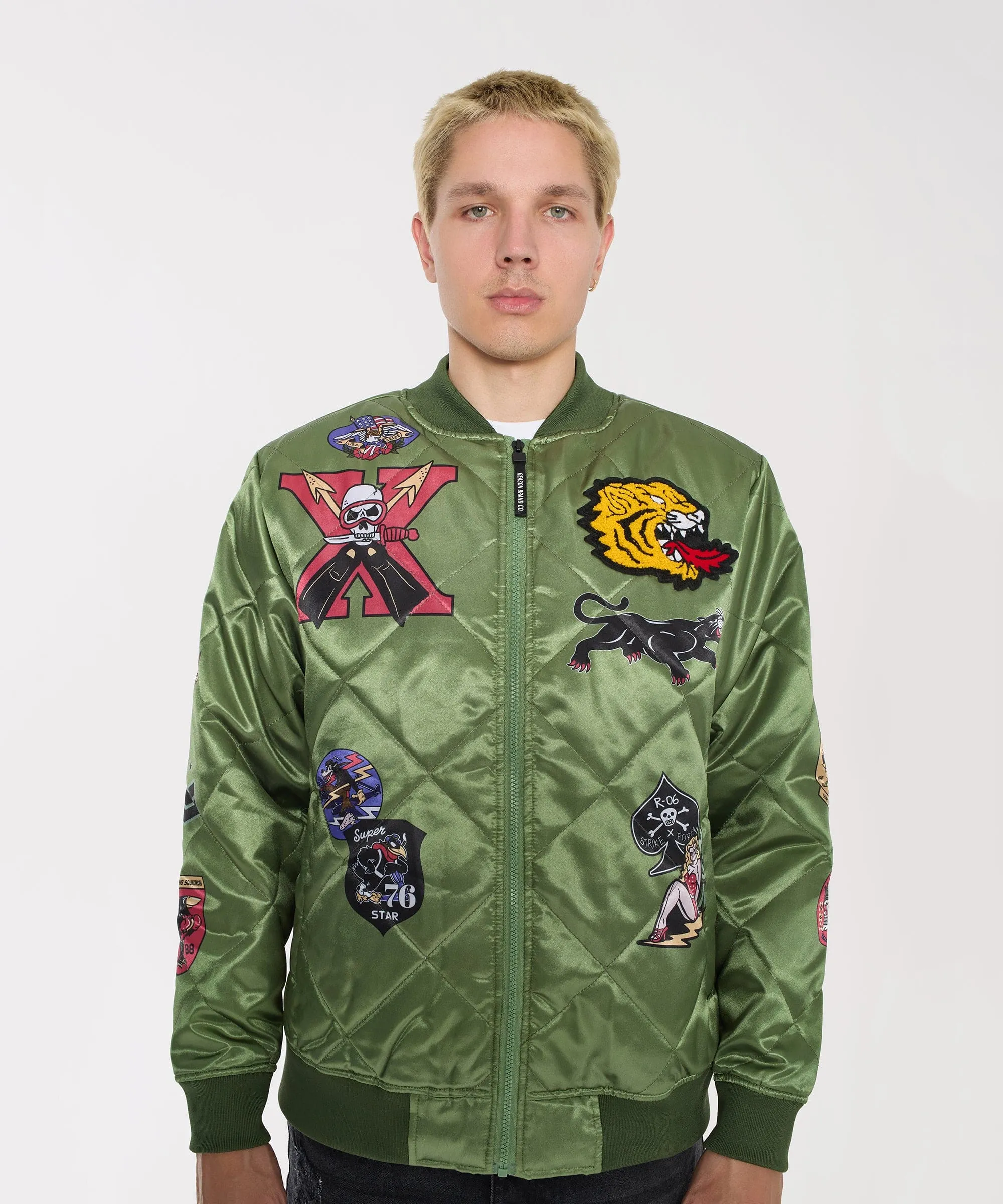 Military Satin Bomber Jacket - Olive Green