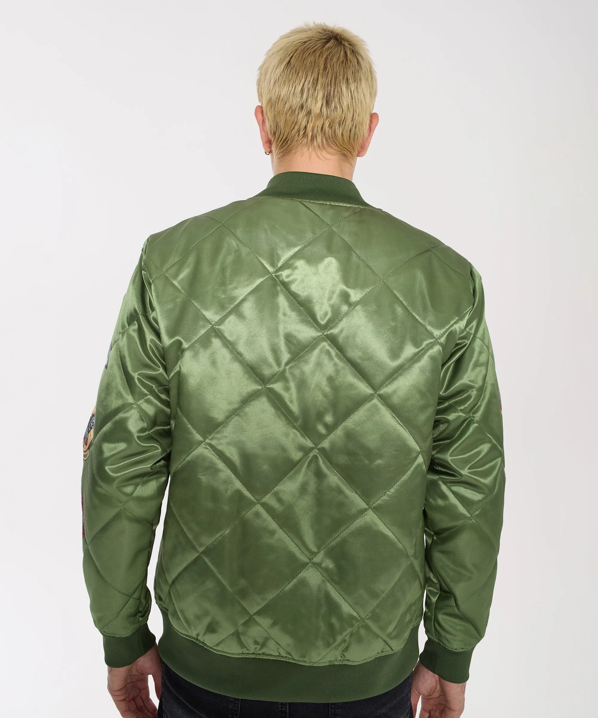 Military Satin Bomber Jacket - Olive Green