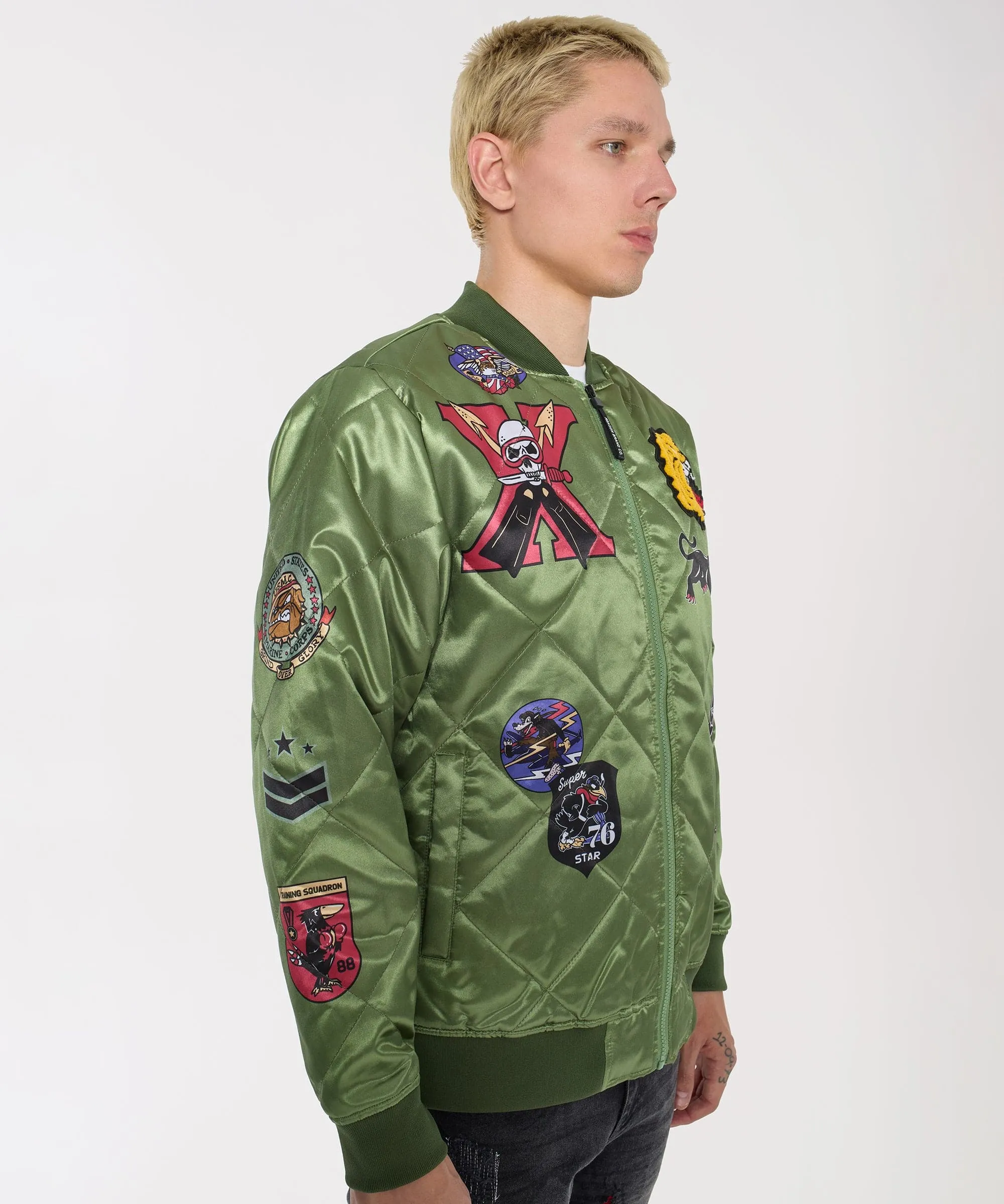 Military Satin Bomber Jacket - Olive Green