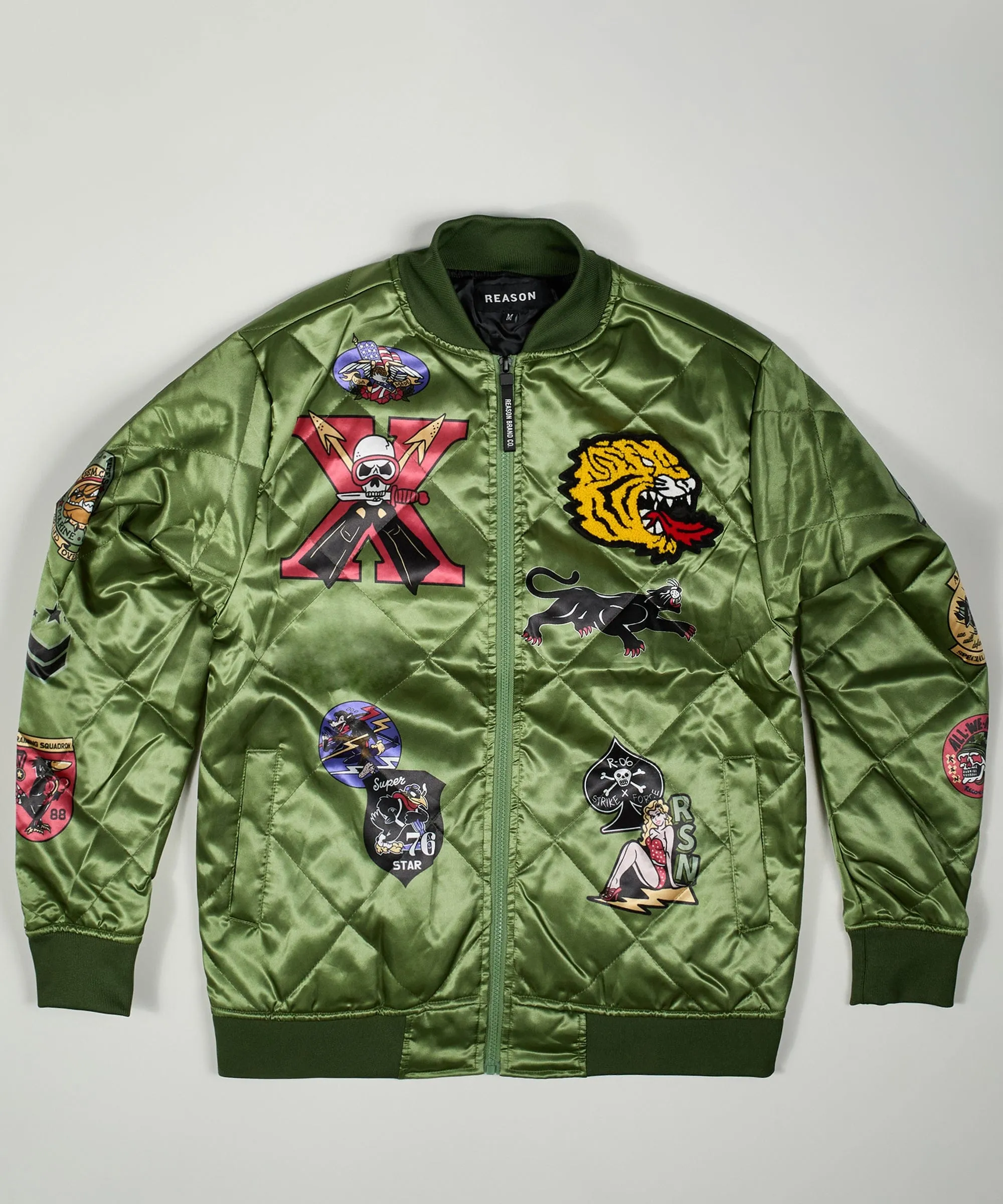 Military Satin Bomber Jacket - Olive Green