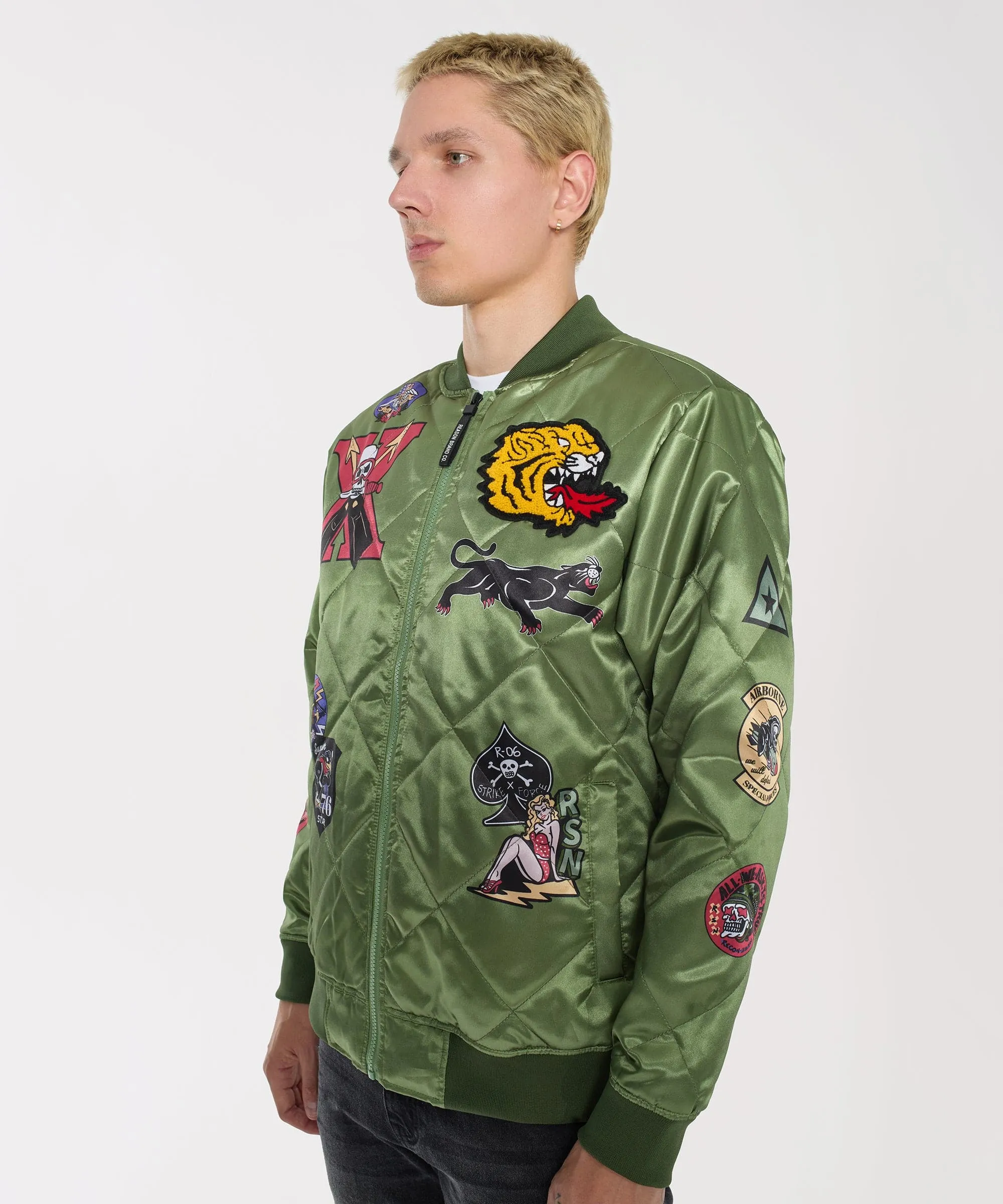 Military Satin Bomber Jacket - Olive Green