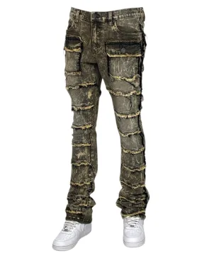 Olive Stacked Jeans Men's Denim Pants Frayed Stack Fit with Pockets