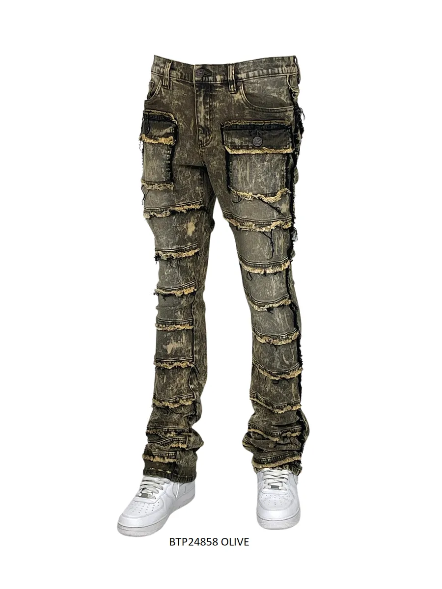 Olive Stacked Jeans Men's Denim Pants Frayed Stack Fit with Pockets