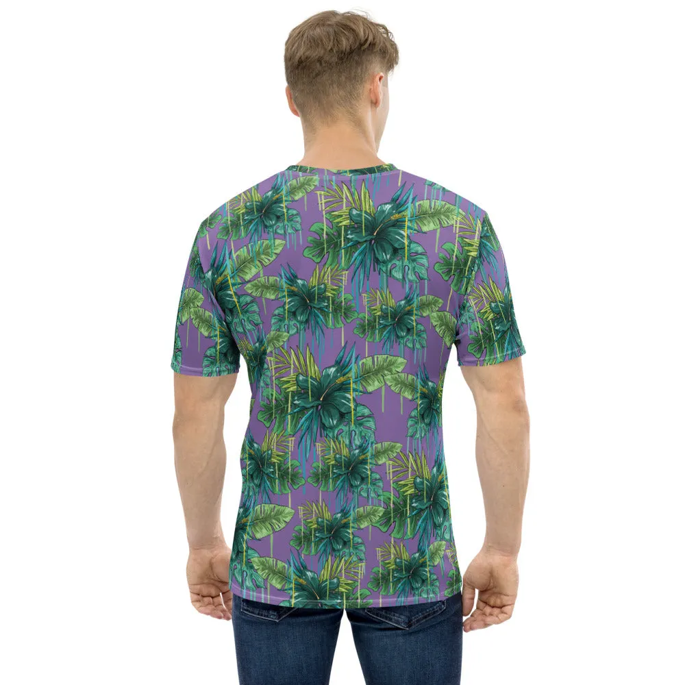 Purple Tropical Leaf Men's T-shirt, Hawaiian Style Tropical Leaves Print Tees-Made in USA/EU/MX