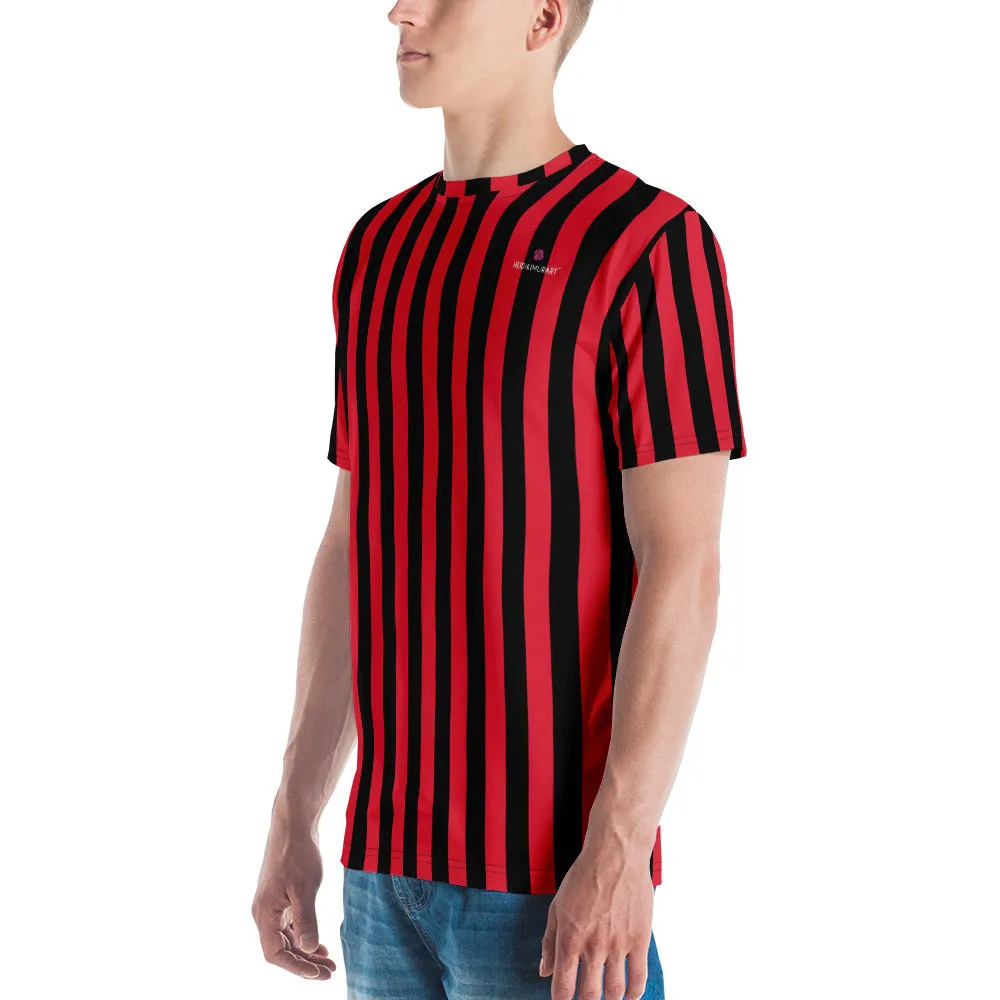 Red Black Striped Men's T-shirt, Regular Fit Designer Short Sleeves Crew Neck Tees For Men