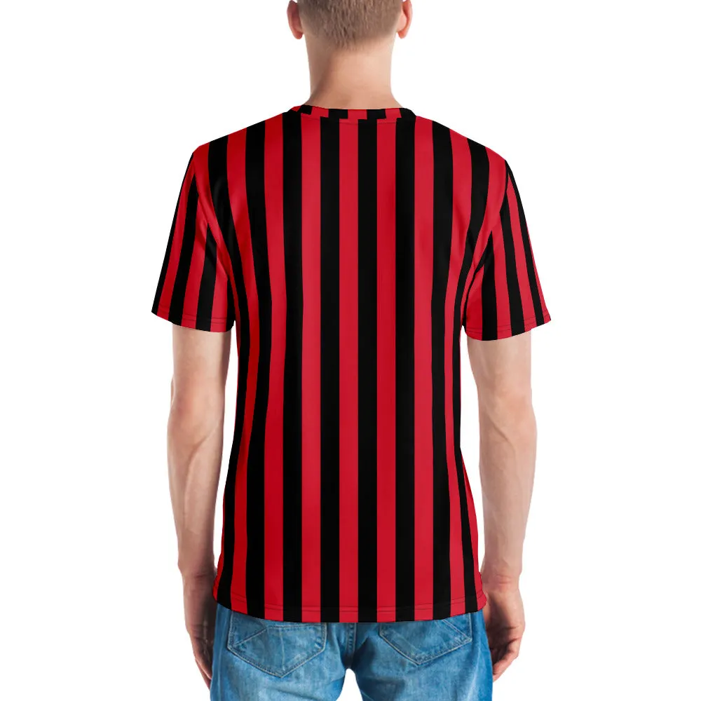 Red Black Striped Men's T-shirt, Regular Fit Designer Short Sleeves Crew Neck Tees For Men