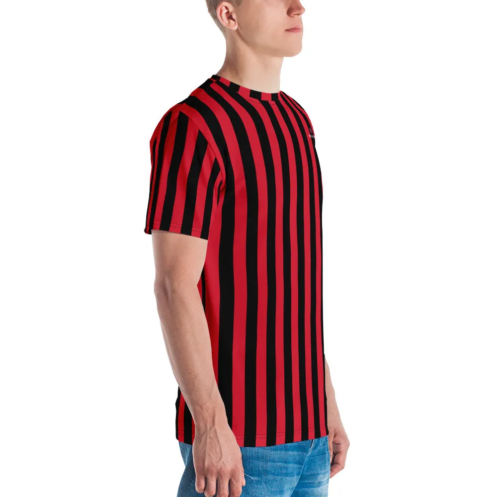 Red Black Striped Men's T-shirt, Regular Fit Designer Short Sleeves Crew Neck Tees For Men