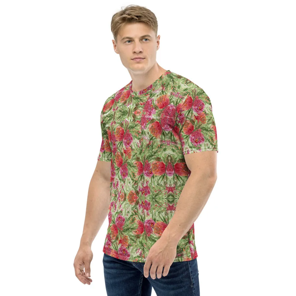 Red Rose Floral Men's T-shirt, Mixed Floral Rose Print Premium Dandy Tees For Men-Made in USA/EU