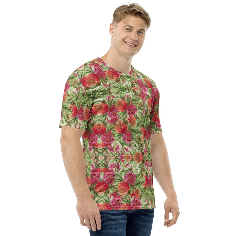 Red Rose Floral Men's T-shirt, Mixed Floral Rose Print Premium Dandy Tees For Men-Made in USA/EU