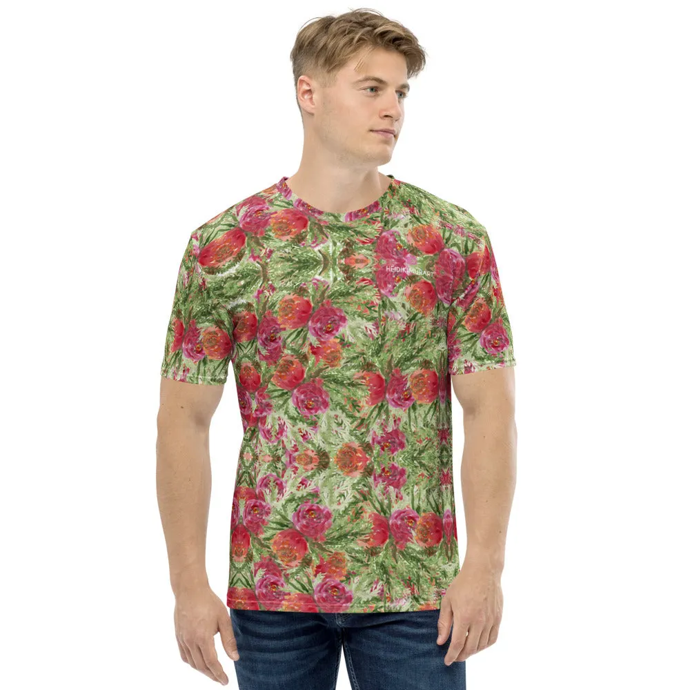 Red Rose Floral Men's T-shirt, Mixed Floral Rose Print Premium Dandy Tees For Men-Made in USA/EU