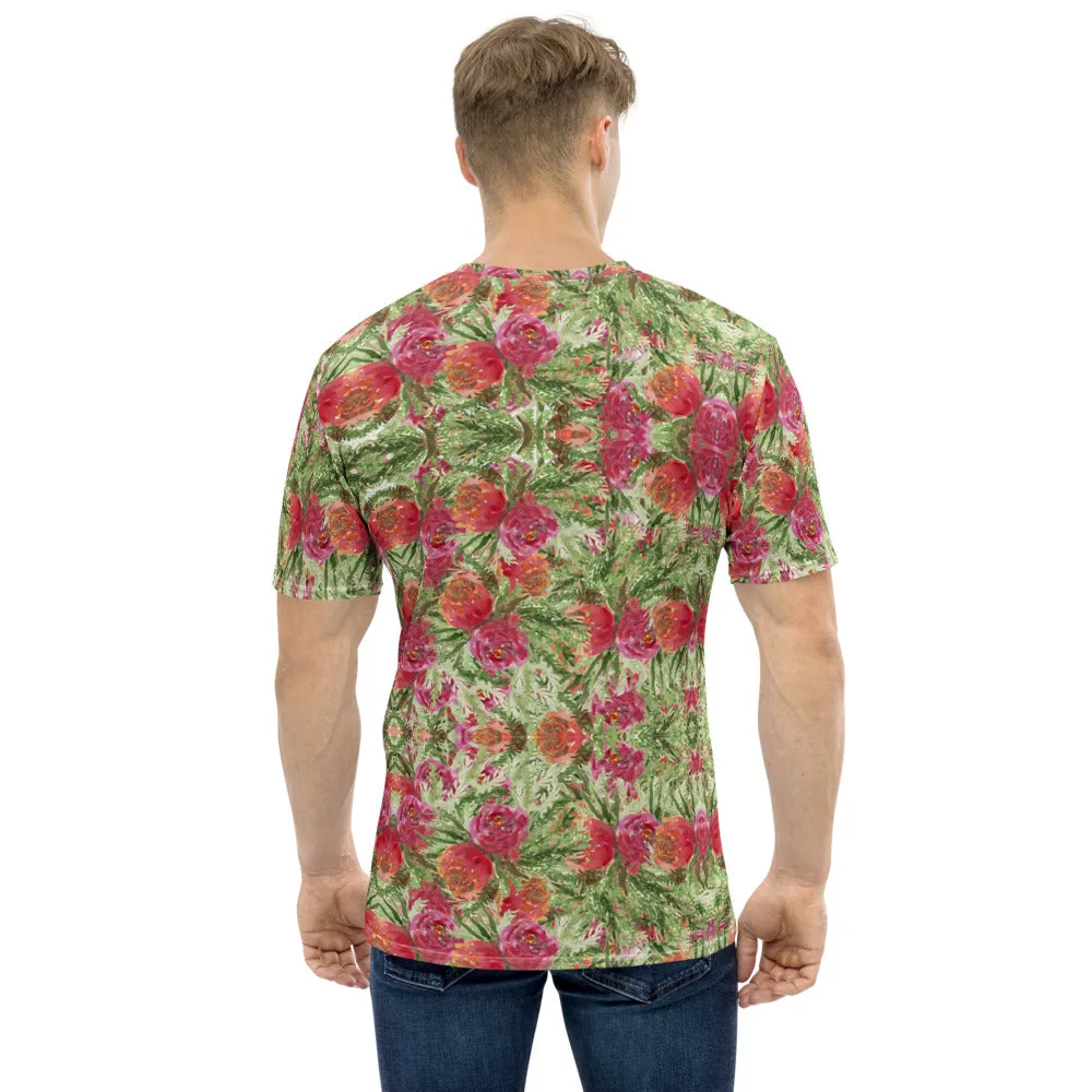 Red Rose Floral Men's T-shirt, Mixed Floral Rose Print Premium Dandy Tees For Men-Made in USA/EU