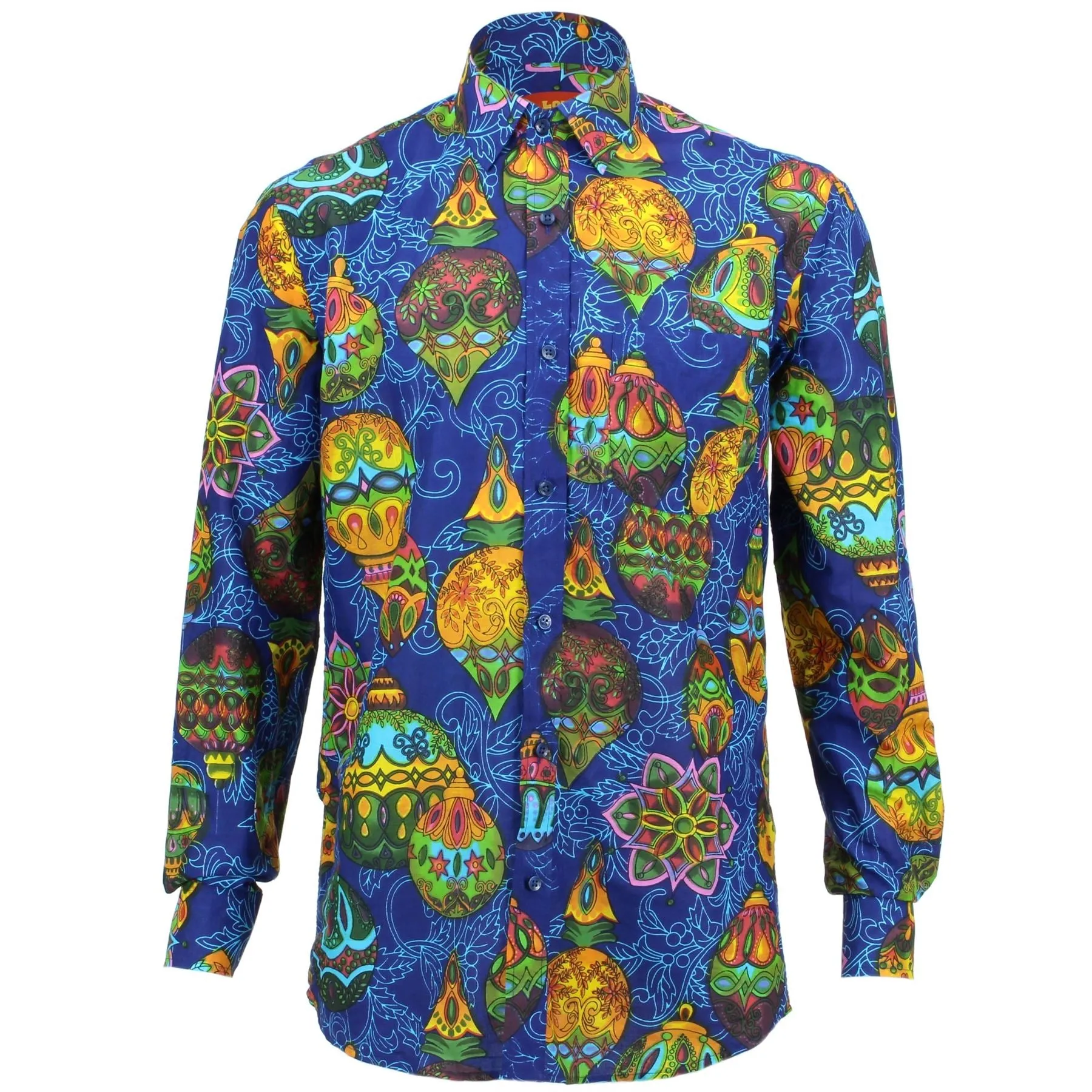 Regular Fit Long Sleeve Shirt - Blue with Colourful Baubles