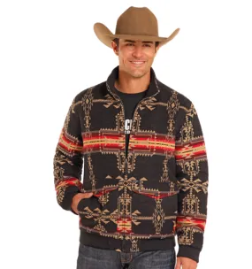 Rock and Roll Cowboy Men's Black Aztec Print Jacquard Bomber Jacket BM92C04332