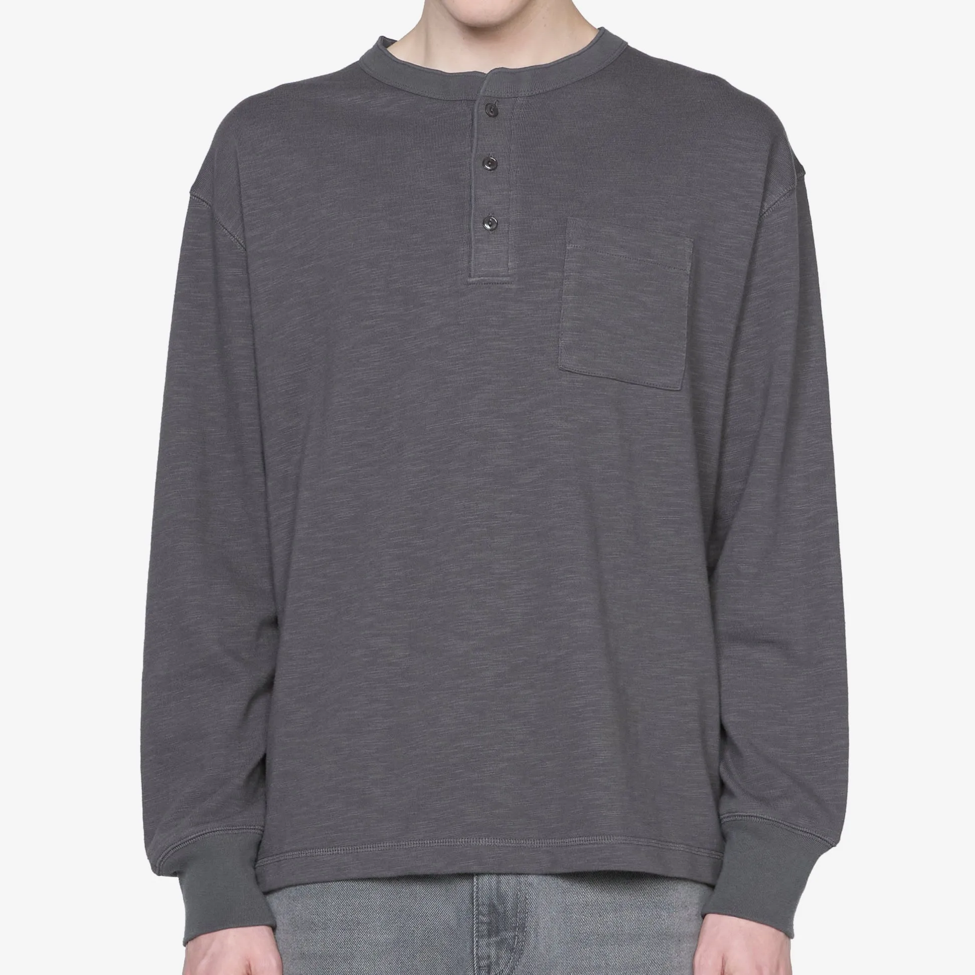 Slub Henley Neck Longsleeve T-Shirt Charcoal