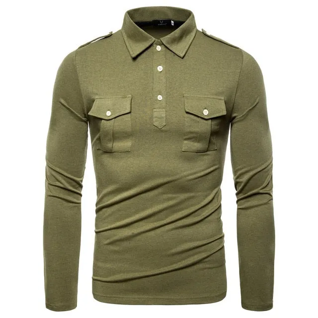 Spring Autumn Fashion Men Casual Long Sleeve Polo Shirts Cotton Pockets Men's Outwear Shirts Business Streetwear Shirts For Male