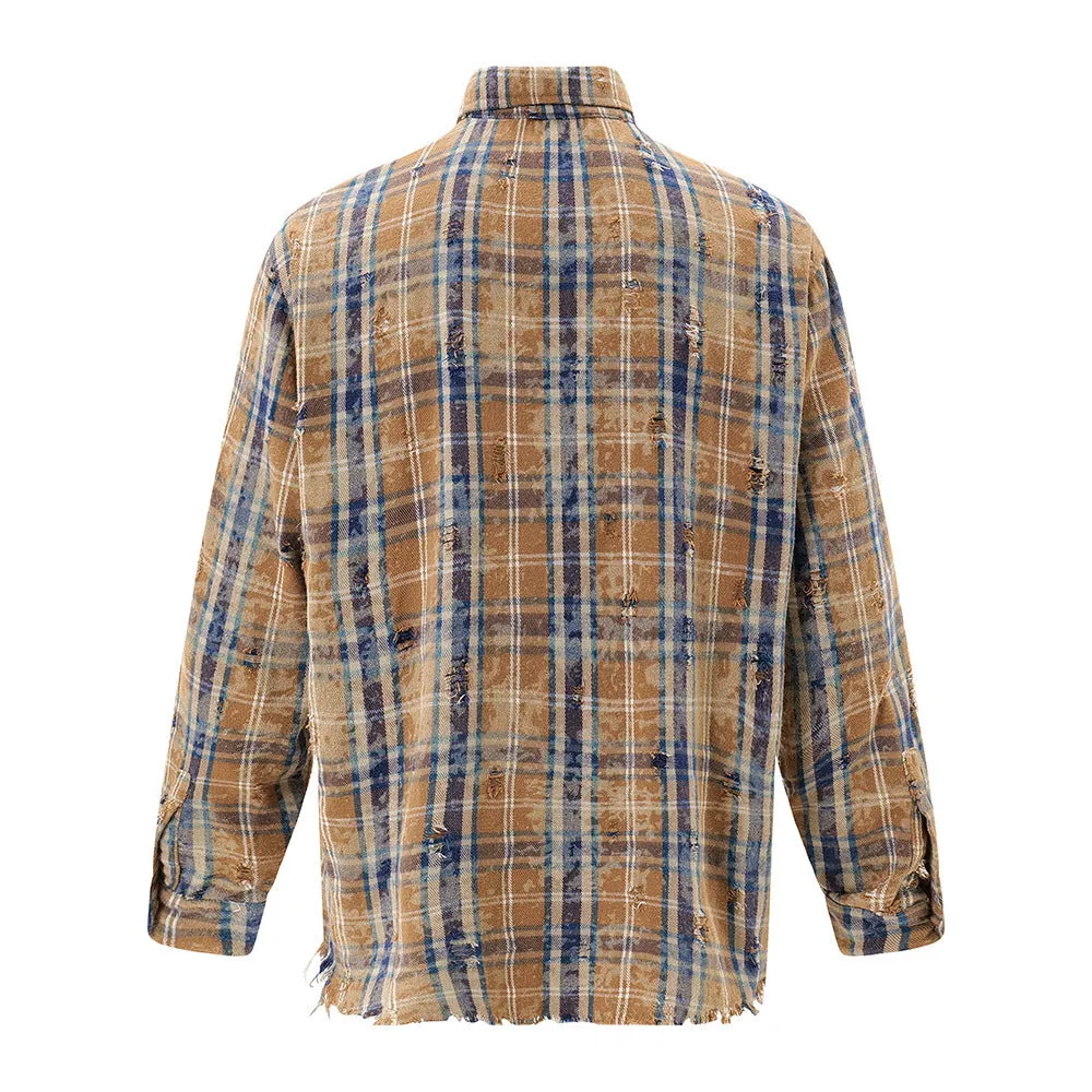 Tie-dyed Plaid Long-sleeved Shirt For Men