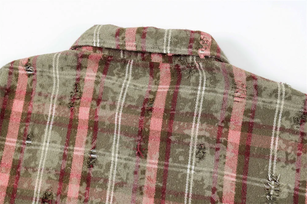 Tie-dyed Plaid Long-sleeved Shirt For Men