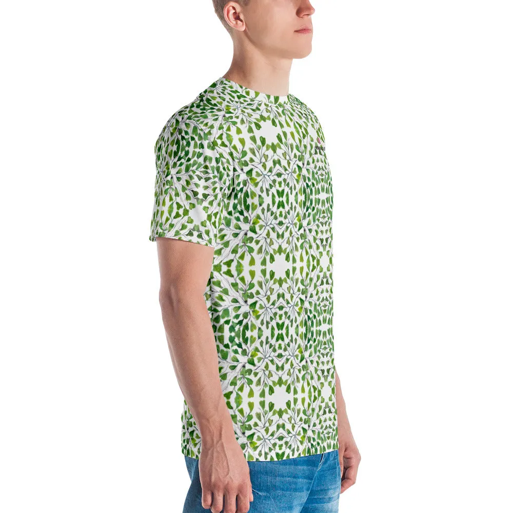 White Green Maidenhair Men's T-shirt, Green Tropical Leaves Shirt For Men-Made in USA/EU