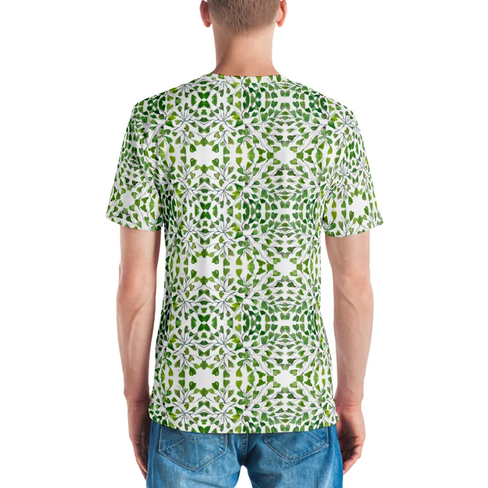 White Green Maidenhair Men's T-shirt, Green Tropical Leaves Shirt For Men-Made in USA/EU