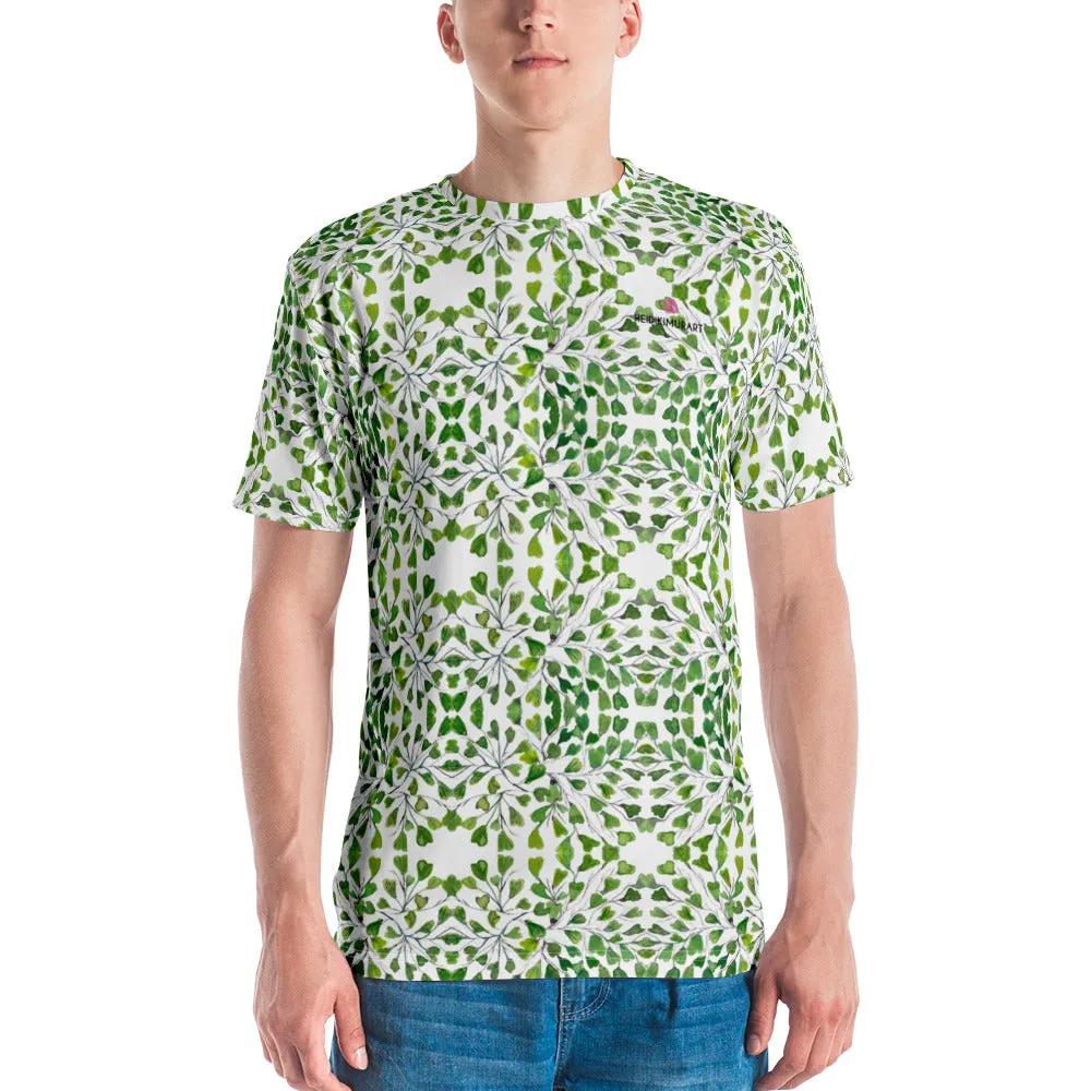 White Green Maidenhair Men's T-shirt, Green Tropical Leaves Shirt For Men-Made in USA/EU