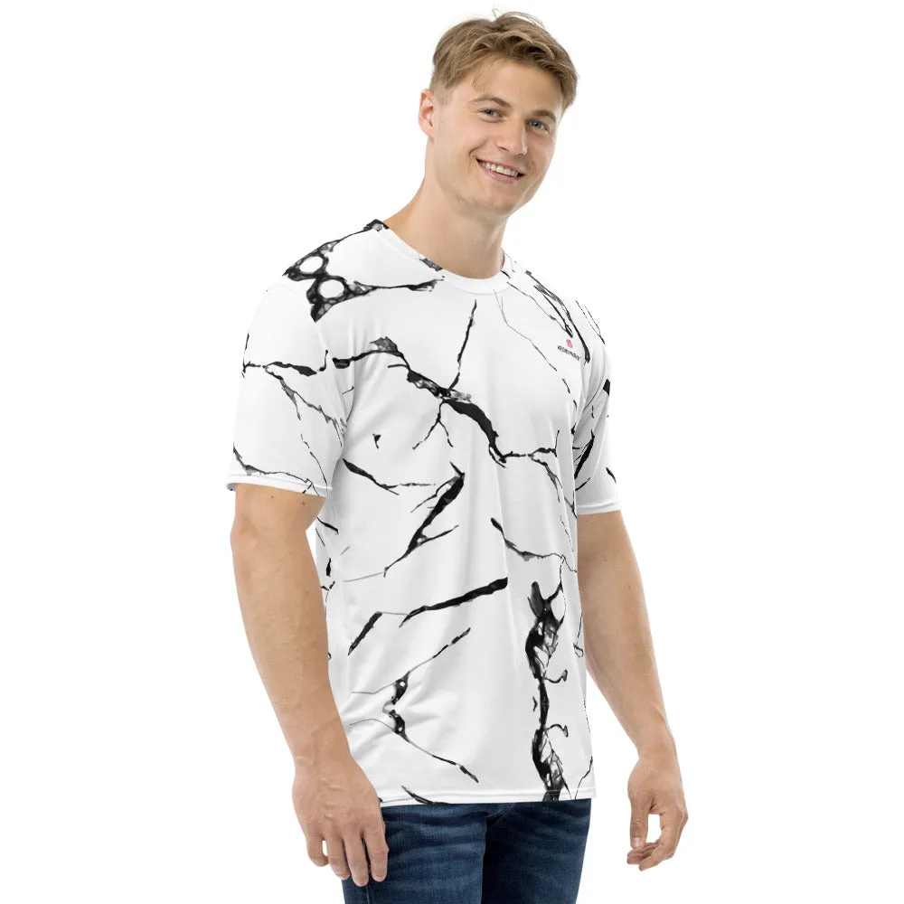 White Marble Print Men's T-shirt, Designer Marbled Pattern Printed Luxury Tees-Made in USA/EU