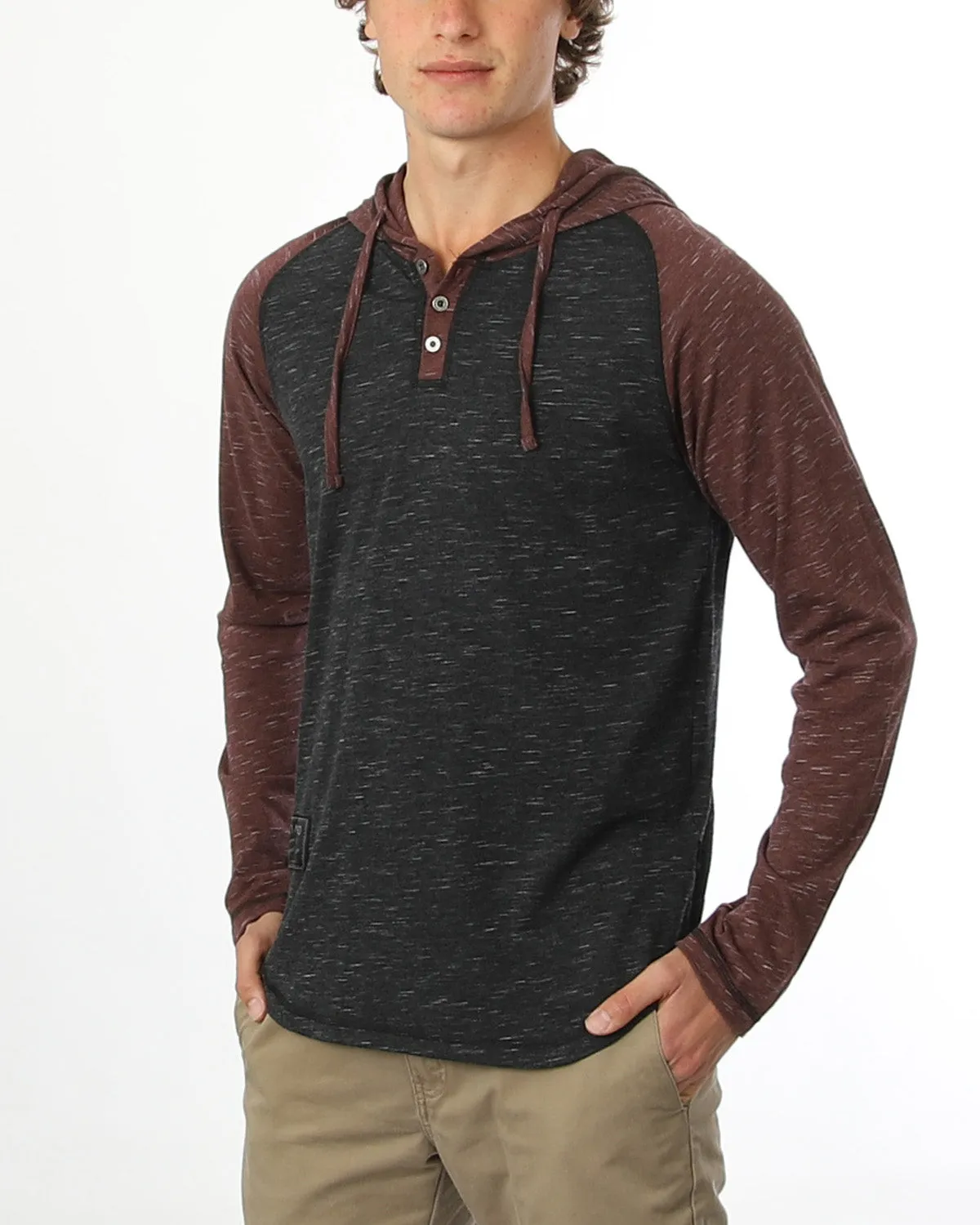 ZIMEGO Long Sleeve Raglan Henley Round Bottom Hood T-Shirts - BLACK / MAROON