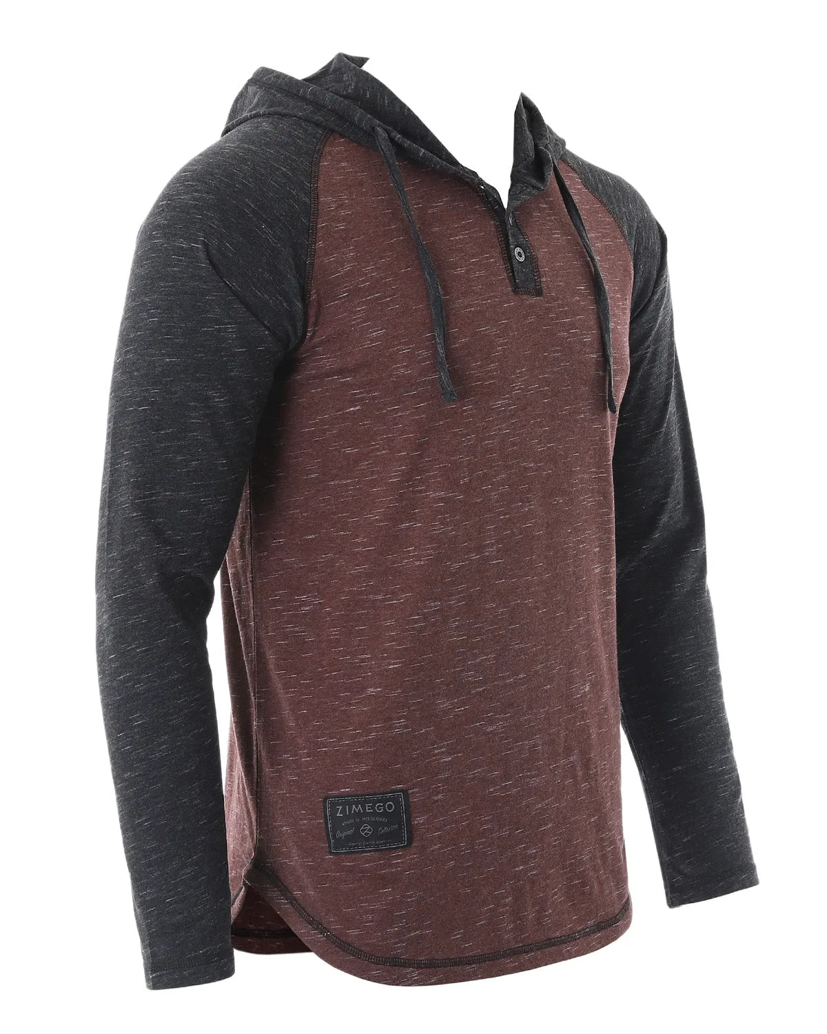 ZIMEGO Long Sleeve Raglan Henley Round Bottom Hood T-Shirts - BLACK / MAROON