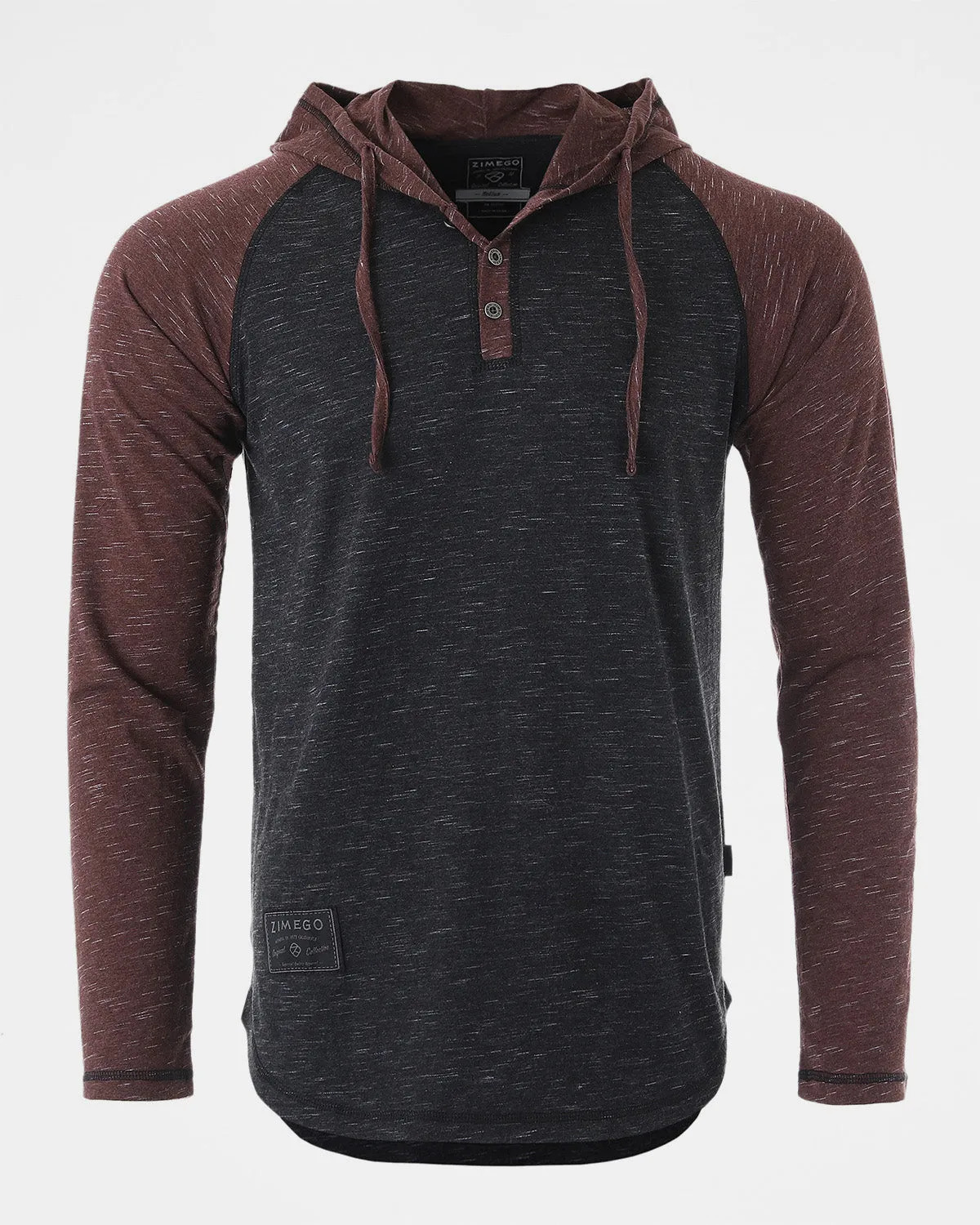 ZIMEGO Long Sleeve Raglan Henley Round Bottom Hood T-Shirts - BLACK / MAROON